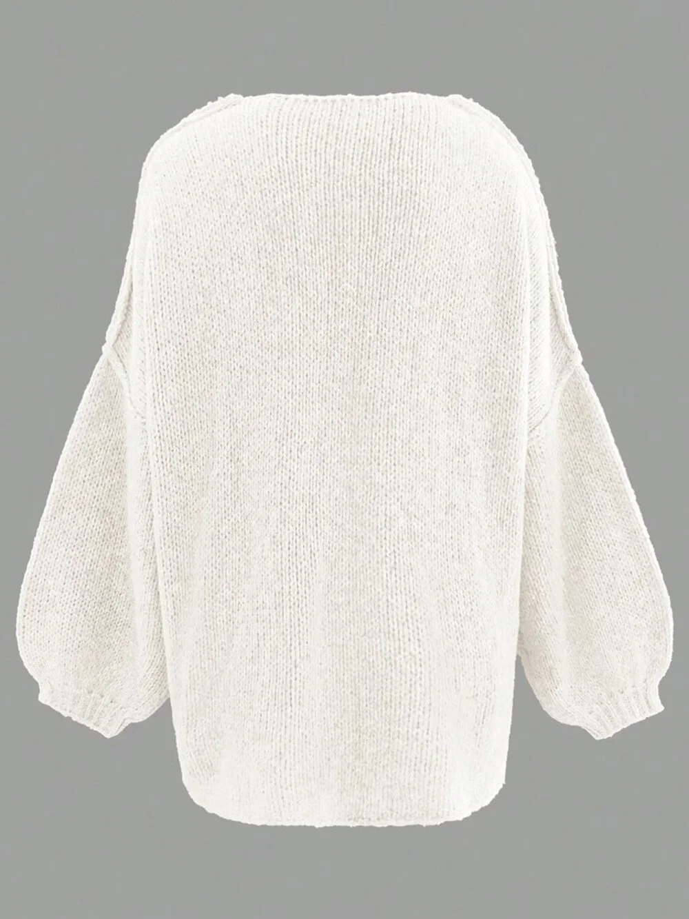 White Casual Women's Rib-Knit Loose Collar Lantern Sleeve Sweater